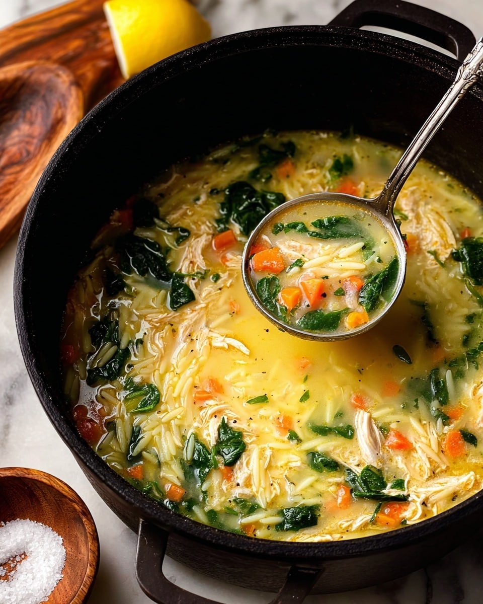 A close-up view of a black pot filled with creamy chicken soup showing three main layers: a yellowish broth at the base, a layer of tender shredded chicken and orzo pasta, and a vibrant layer of green spinach leaves and small orange carrot pieces scattered throughout. A silver ladle scoops up some soup from the center, highlighting the layers and textures clearly. The pot is placed on a white marbled surface with small wooden bowls holding salt and lemon slices nearby. photo taken with an iphone --ar 4:5 --v 7