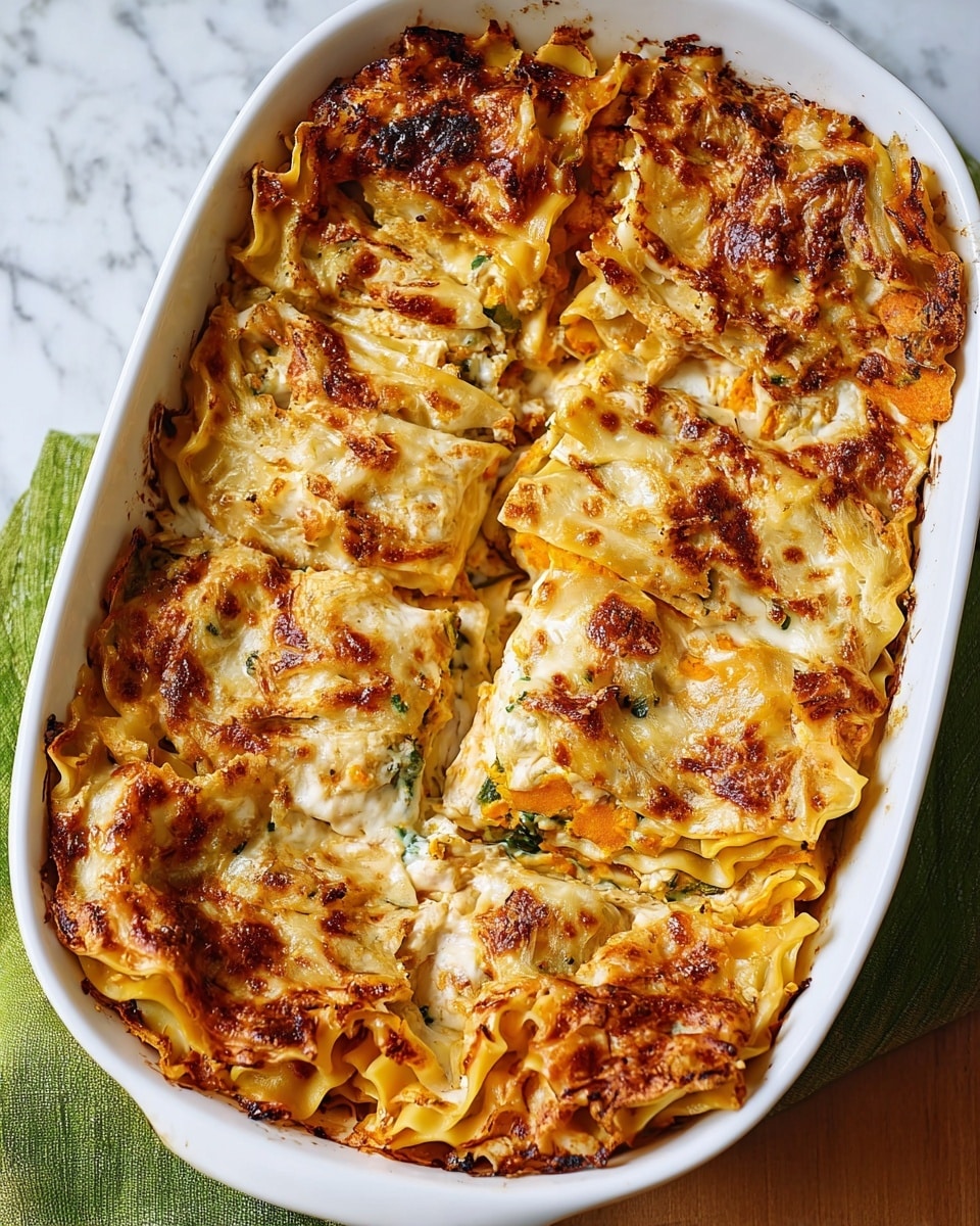The image shows a white oval baking dish filled with baked lasagna sliced into rectangular pieces. The top layer is golden brown and bubbly with melted cheese and browned spots, showing a slightly crispy texture. Visible layers beneath include creamy white sauce, soft tender pasta sheets with wavy edges, and a mix of orange-colored filling, likely pumpkin or squash, along with green leafy bits, giving a colorful contrast. The dish sits on a white marbled surface with part of a green cloth in the corner. The lasagna looks rich, layered, and freshly baked. photo taken with an iphone --ar 4:5 --v 7