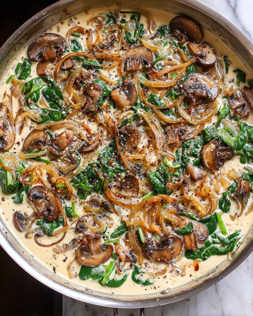 Creamy Parmesan Spinach, Mushrooms, and Caramelized Onions Skillet Recipe