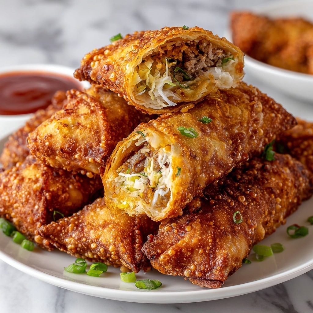 A white plate holds a pile of golden-brown, crispy fried egg rolls with a bubbly and textured surface. One egg roll is cut in half at the front, showing a filling made of shredded white cabbage, pieces of meat, and green herbs inside the thin, crunchy wrapper. Small green onion pieces are scattered on the plate and around it. In the background, there is a white bowl with red dipping sauce placed on a white marbled surface. photo taken with an iphone --ar 4:5 --v 7