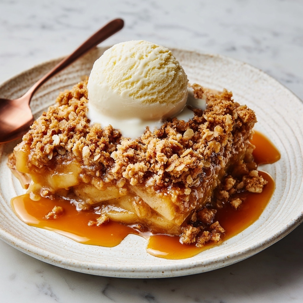 A serving of apple crisp dessert is shown on a white plate with a textured pattern, placed on a white marbled surface. The bottom layer consists of soft, cooked apple slices, pale yellow and slightly translucent, covered by a thick, golden-brown crumbly topping made of oats and nuts giving a rough, crunchy texture. On top sits a round scoop of smooth, creamy vanilla ice cream, bright white in color, melting slightly at the edges. The entire dish is drizzled with shiny caramel sauce, amber in color, that pools around and on the ice cream. A rose gold spoon rests on the plate behind the dessert. Photo taken with an iphone --ar 4:5 --v 7