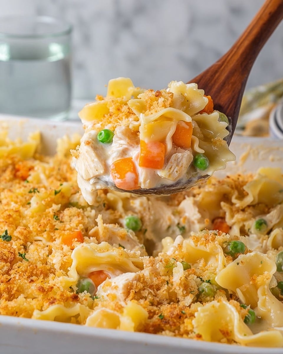 A wooden spoon holds a scoop of creamy noodle casserole, showing layers of yellow pasta shaped like small wings mixed with soft white sauce. Inside the sauce, bright orange carrot cubes, green peas, and small white pieces of chicken are visible. The top layer has a crunchy golden brown crumb topping scattered unevenly. The casserole dish beneath looks full with the same creamy noodles, vegetables, and crumb topping. The background has a white marbled texture and a glass of water out of focus. Photo taken with an iphone --ar 4:5 --v 7