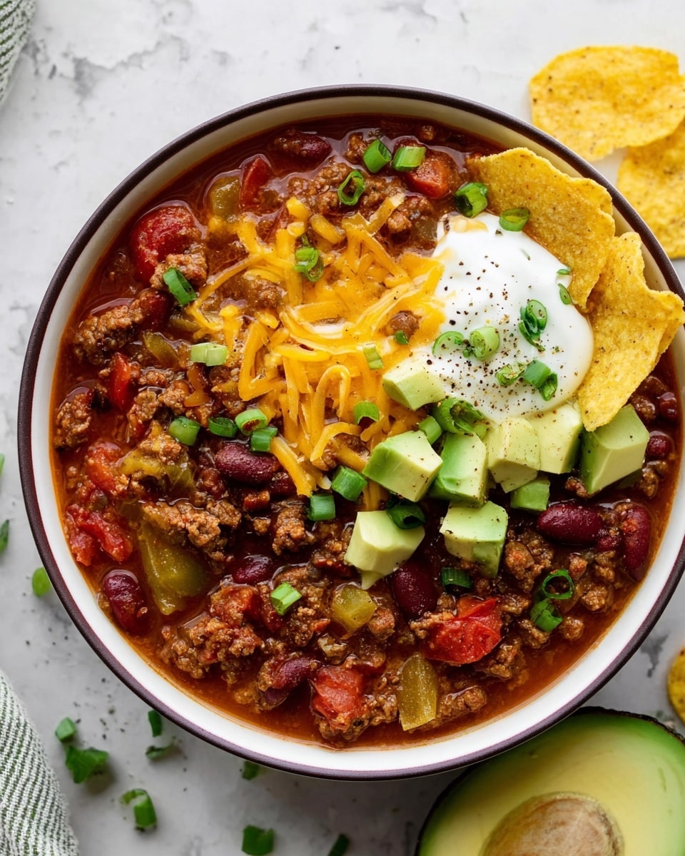 A bowl of chili with a base layer of chunky brown cooked ground meat mixed with red and light brown beans, diced red tomatoes, and green bell pepper pieces in a rich reddish broth. On top, there is a layer of shredded bright orange cheddar cheese melting slightly into the chili, with scattered chopped green onions adding fresh green highlights. A dollop of white sour cream sits next to diced light green avocado cubes, lightly sprinkled with black pepper. A few round, golden-yellow corn chips rest on the chili's edge. The bowl is white with a dark rim, placed on a white marbled surface with some green onion bits and a halved avocado nearby. photo taken with an iphone --ar 4:5 --v 7