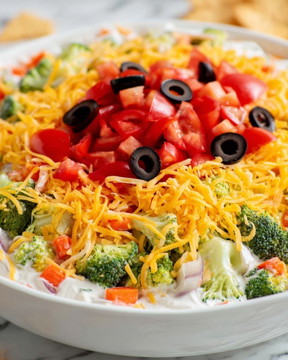 A close-up of a layered salad in a white bowl on a white marbled surface, showing three main layers: the bottom layer is creamy white dressing, the middle layer contains bright green broccoli florets, orange diced carrots, and some white chopped vegetables, and the top layer is a colorful mix of diced red tomatoes, sliced black olives, and a generous cover of yellow shredded cheddar cheese scattered unevenly across the dish. Photo taken with an iphone --ar 4:5 --v 7
