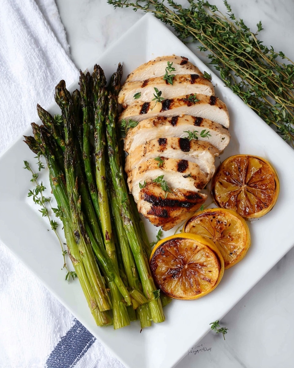 A white square plate with three main parts: on the left, a bunch of grilled green asparagus spears with dark grill marks; in the middle and right, a sliced grilled chicken breast with light brown char marks and small green herb sprigs on top; underneath the chicken and scattered around are three caramelized lemon slices with golden brown edges; the plate sits on a white marbled surface with sprigs of fresh thyme nearby. photo taken with an iphone --ar 4:5 --v 7