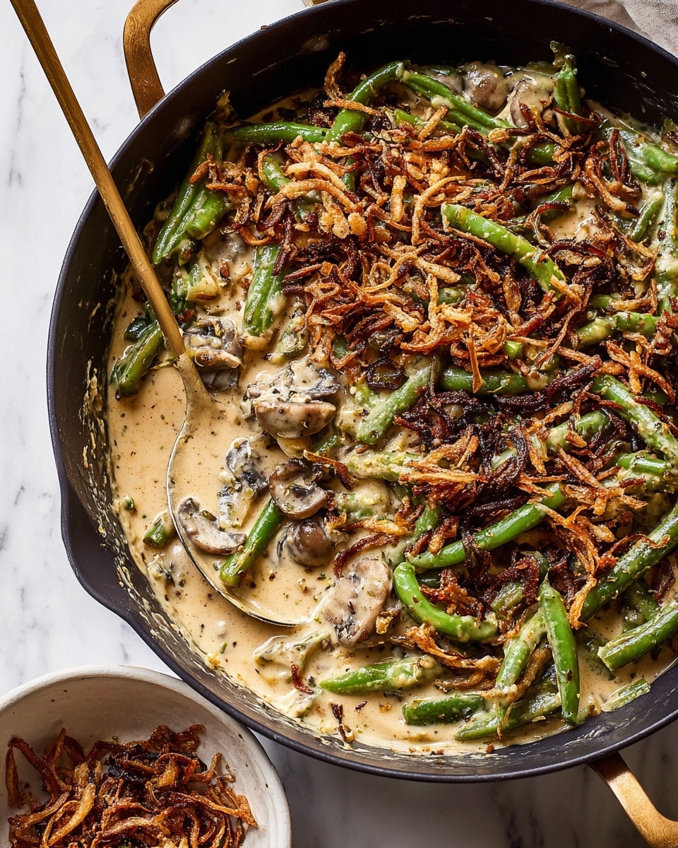 The image shows a close-up of green beans coated in a creamy, light brown sauce with visible specks of spices. The green beans are bright green, fresh, and glossy from the sauce. There are golden-brown crispy fried onions sprinkled over the green beans, adding texture and contrast. Mixed in are roasted mushroom slices that are golden and slightly caramelized, showing a browned, textured surface. Finely grated white cheese is scattered on top, partially melting into the sauce. A brass spoon is partially visible on the right side, resting among the beans and sauce. The background features a white marbled texture. photo taken with an iphone --ar 4:5 --v 7