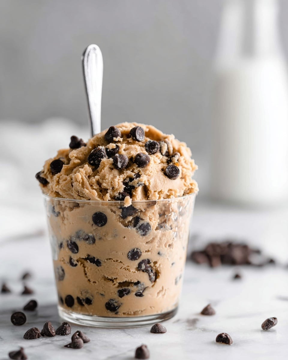 A clear glass cup filled fully with light brown cookie dough mixed with many small dark chocolate chips, with the dough mounded high above the rim showing a rough texture and chocolate chips, and a silver spoon stuck upright into the top center of the dough. Scattered chocolate chips rest on the white marbled surface around the cup, and a blurred white bottle is in the background. photo taken with an iphone --ar 4:5 --v 7