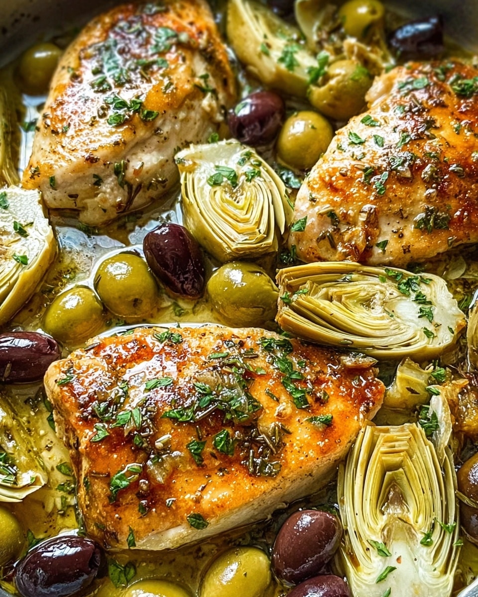 The image shows a close-up of a cooked dish with three grilled chicken breasts as the main layer, each with a golden brown and slightly charred surface sprinkled with green herbs. Surrounding and partially underneath the chicken are sliced artichoke hearts, some whole green olives, and a few dark olives, all sitting in a light sauce with a glistening texture. The colors are mainly warm golden browns of the chicken and various green shades from the vegetables and olives. The dish is presented in a white bowl against a white marbled texture background. Photo taken with an iphone --ar 4:5 --v 7