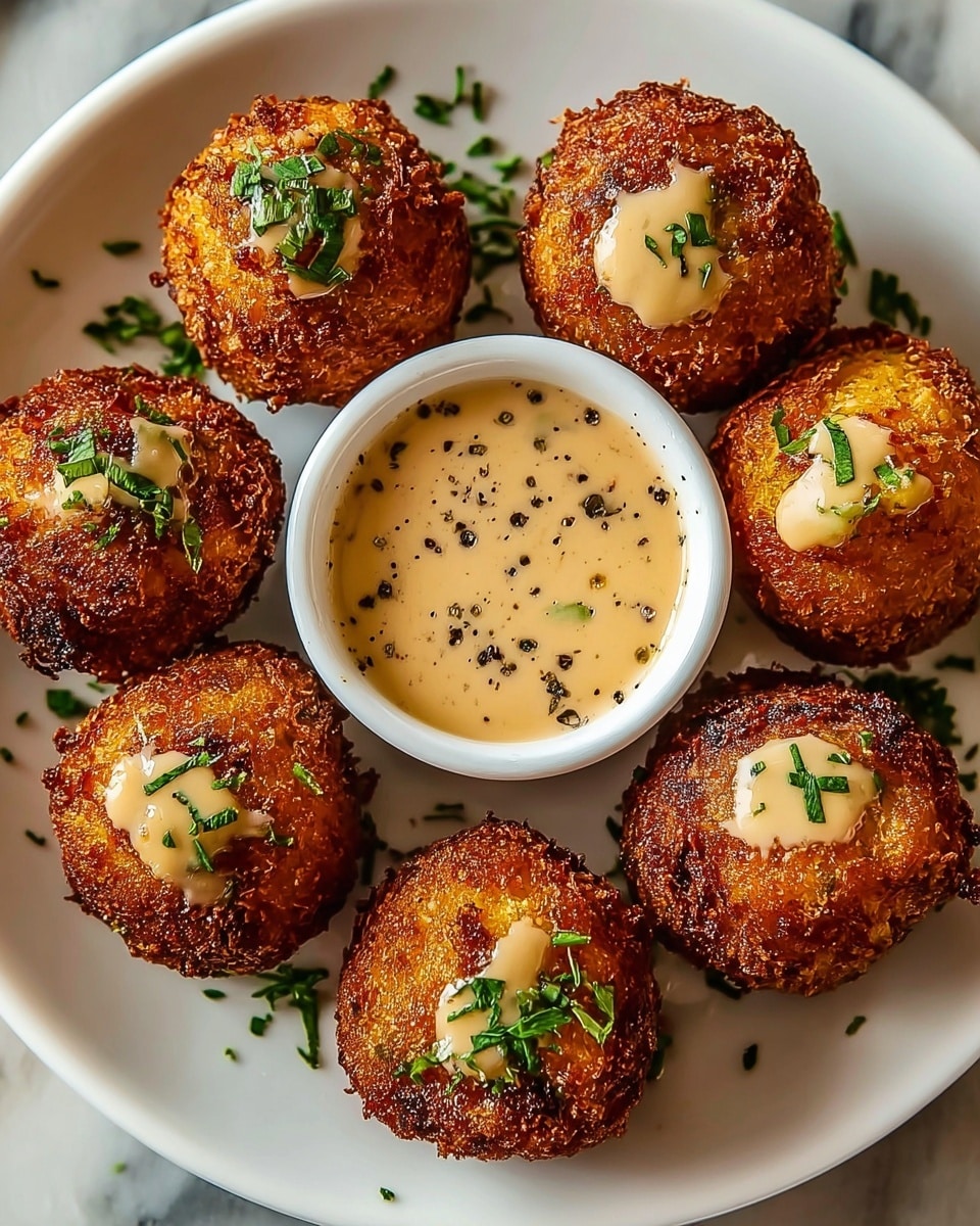 A white plate holds seven round, golden-brown fried balls with a crispy texture, each topped with a drizzle of light tan creamy sauce and sprinkled with small green herb pieces. In the center of the plate is a small white bowl filled with thick light tan sauce, dotted with dark specks and garnished with chopped green herbs. The balls are arranged in a ring around the bowl on a white marbled surface. photo taken with an iphone --ar 4:5 --v 7