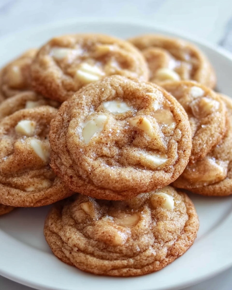 A close-up of a group of soft, round cookies stacked on a white plate, each cookie showing a light brown color with swirls of creamy white and darker brown cinnamon sugar spots on top, creating a marbled effect. The texture looks chewy with slightly crispy edges, and the cookies are piled in a way that the one on top is fully visible with a shiny sugary glaze catching the light. The background is a soft white marbled surface. Photo taken with an iphone --ar 4:5 --v 7