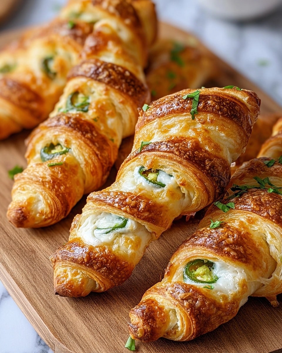 The image shows crispy golden-brown croissants stuffed with creamy white cheese and green slices of jalapeño peppers, garnished with small green cilantro leaves on top. The croissants have a flaky texture with browned spots from baking, and the cheese looks soft and slightly melted inside the croissant layers. They are all placed on a round wooden board with a blurred background. photo taken with an iphone --ar 4:5 --v 7
