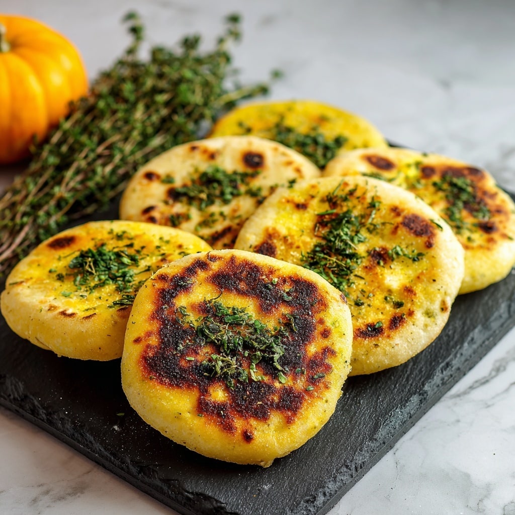 The image shows six small, round, flat breads with a toasted surface, arranged closely on a black slate tray. Each bread has a golden-yellow color with brown char marks and is sprinkled with fresh green herb pieces on top. The texture looks soft and slightly puffed with an inviting slightly uneven surface. There is a bunch of green herbs in the background to the side, and a pumpkin partially visible in the back left corner, all set on a white marbled texture. photo taken with an iphone --ar 4:5 --v 7