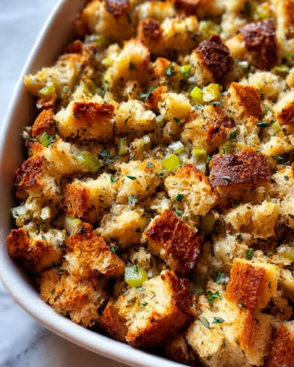 A close-up view of a bowl filled with homemade stuffing, showing a mix of roughly 3 layers of chunky bread cubes in golden brown and light beige tones, mixed with small pieces of pale green celery and translucent diced onions. The stuffing is sprinkled with dried herbs, adding green specks throughout. The bread cubes have a crispy texture with some darker toasted edges, and the celery pieces provide a fresh crunchy look. The dish is served in a smooth white square bowl, placed on a white marbled surface with soft natural light highlighting the textures and colors. photo taken with an iphone --ar 4:5 --v 7