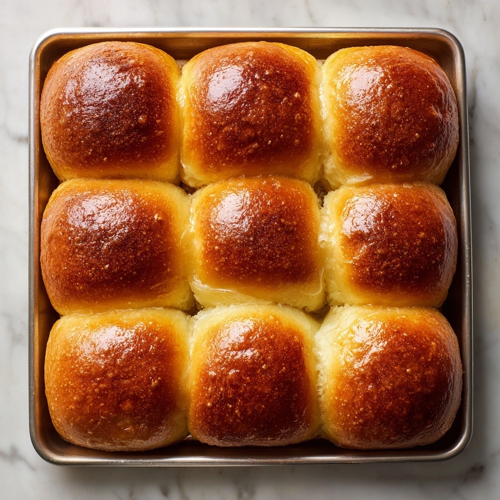 A metal baking tray filled with nine golden-brown dinner rolls arranged in a 3x3 grid, each roll having a shiny, smooth, and slightly domed top with a soft texture. The rolls are touching each other closely, showing a light crust on the edges where they meet. The background is a white marbled surface, adding a clean and simple look to the image. photo taken with an iphone --ar 4:5 --v 7