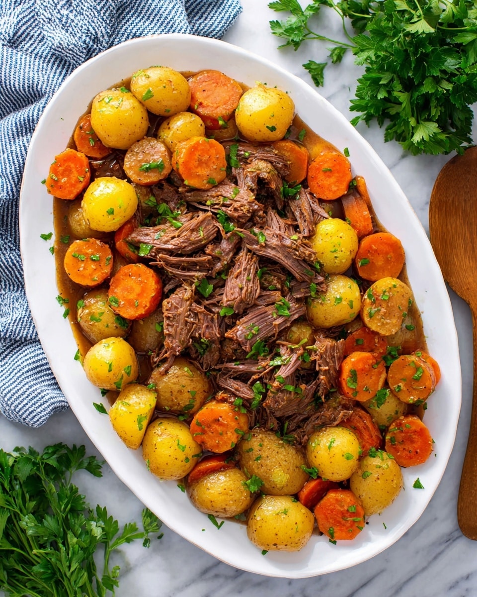 A white oval plate filled with a mix of cooked meat chunks, baby potatoes cut in halves, and carrot pieces cut into thick rounds, all tossed in a glossy brown sauce. The meat is dark brown, tender, and shredded, forming the center layer. Surrounding it are golden-yellow potato halves with a slightly shiny texture and bright orange carrot chunks scattered evenly. Fresh green parsley leaves are sprinkled on top, adding a fresh and vibrant touch. The plate rests on a white marbled surface, with a blue and white striped cloth on the left and fresh parsley on the top right, and a wooden spoon on the bottom right. photo taken with an iphone --ar 4:5 --v 7