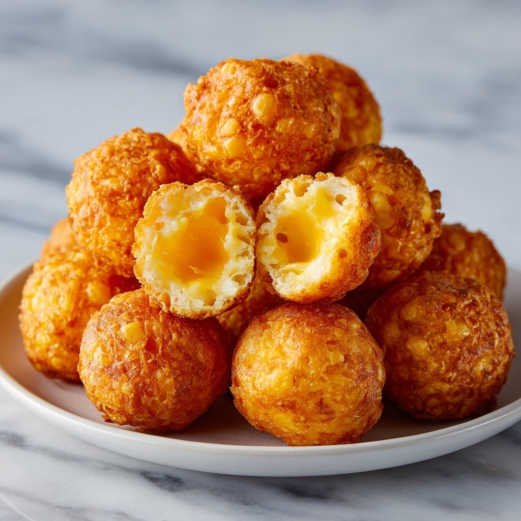 The image shows a group of golden brown cheese puffs placed on a white plate with a dark surface. There are ten cheese puffs in total, with two cut open in the center showing a hollow inside with soft, airy texture and light yellow color. The outer layer is crispy and has a rough texture with a deep orange shade, suggesting richness and cheese flavor. The cheese puffs are arranged closely together, making the pile appear full and round. The background is a white marbled texture, adding a clean and fresh feeling to the image. Photo taken with an iphone --ar 4:5 --v 7
