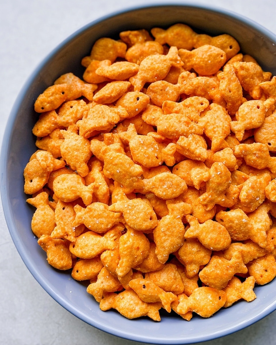 A close-up image of many small, crunchy cracker snacks shaped like fish, colored in shades of orange and light brown, filling a white bowl that sits on a white marbled surface. The crackers have a textured look with some salt crystals visible on them, and they completely cover the bottom of the bowl in a single thick layer. The bowl has a smooth, clean edge and takes up most of the frame with the crackers piled evenly inside. Photo taken with an iphone --ar 4:5 --v 7