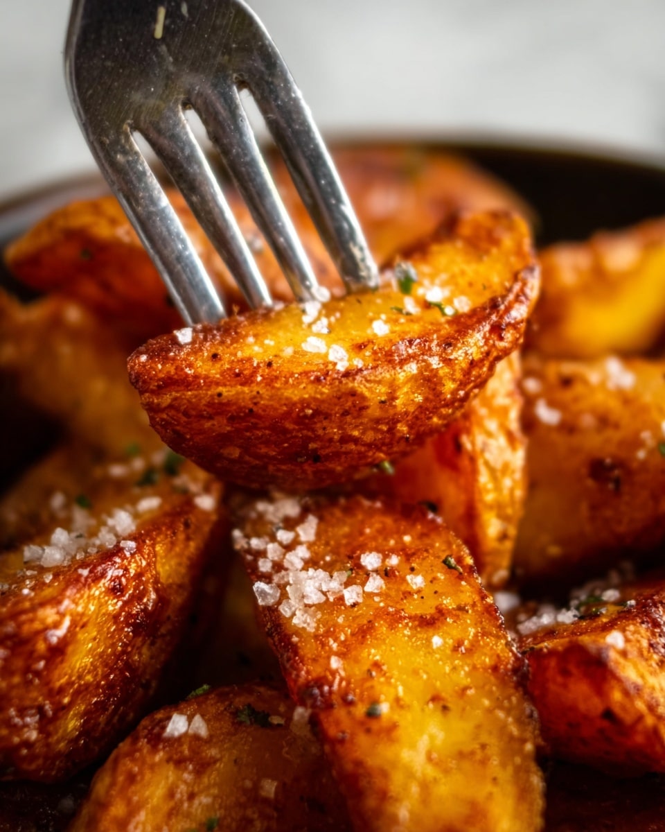 A white bowl filled with crispy, golden roasted potato pieces that have a browned and crunchy texture on the outside, with some seasoning visible as small green herbs and coarse white salt flakes sprinkled on top. The potato pieces vary in shape and size and are stacked naturally inside the bowl, giving a hearty and textured look. The background is a white marbled texture with a small bowl of coarse salt partly visible at the top right corner. photo taken with an iphone --ar 4:5 --v 7