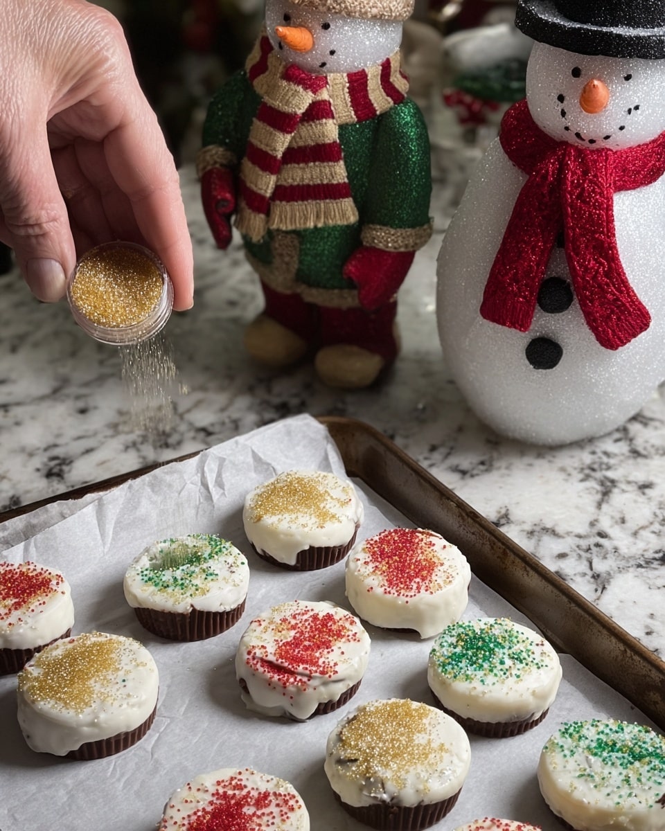 A white plate filled with several sandwich cookies dipped in white coating, topped with red, green, and gold sugar sprinkles, arranged in layers covering the plate. Among the cookies are small chocolate peanut butter cups, some whole and some cut in half, scattered on top and around the cookies. The plate is set on a white marbled surface with red, shiny decorative poinsettias and two snowman figurines in the background, one wearing a red and beige striped hat and scarf, and the other a black top hat and green jacket, adding a festive holiday feel. Photo taken with an iphone --ar 4:5 --v 7