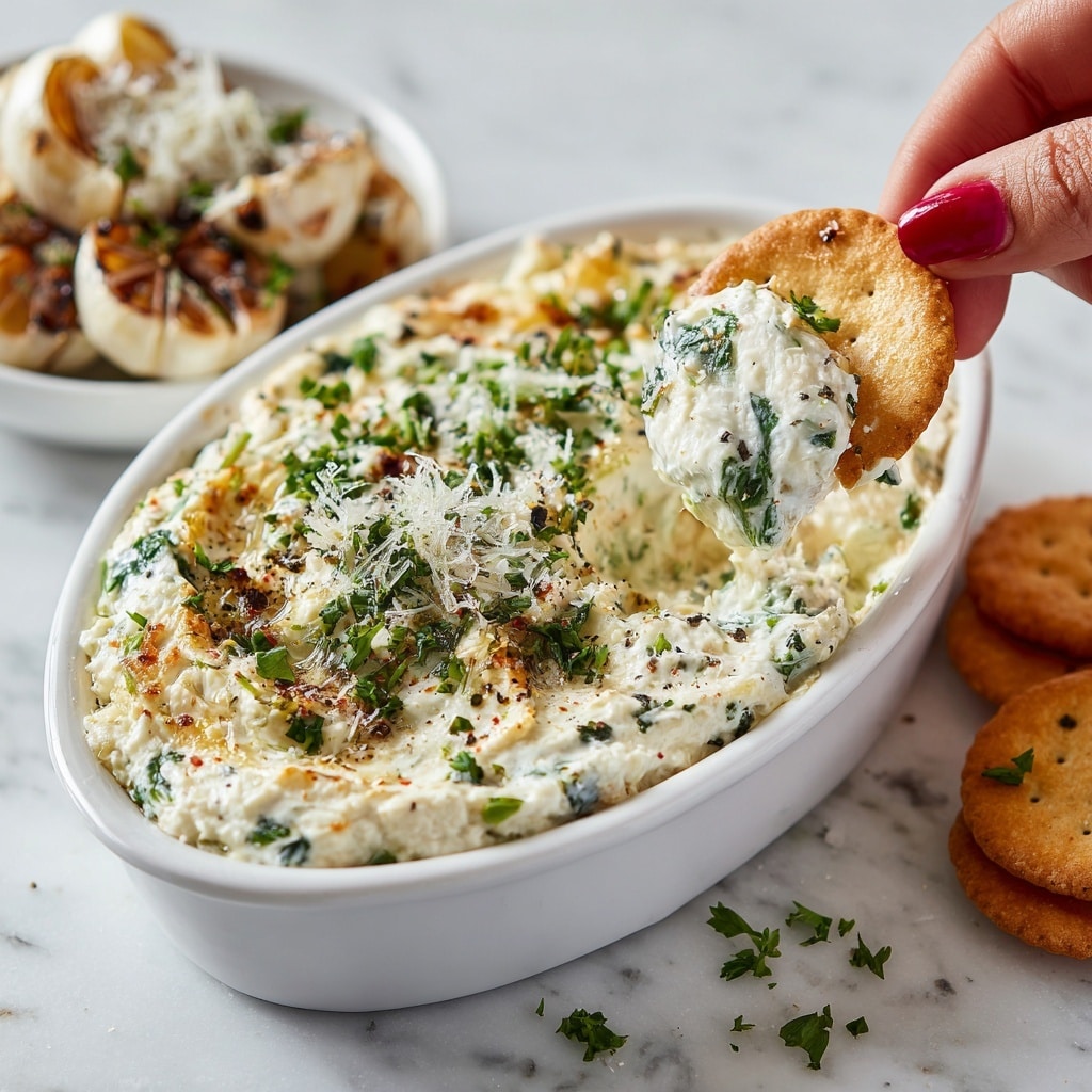 The image shows a creamy roasted garlic bread dip in a white oval dish. The dip has a thick, smooth, slightly chunky white base mixed with green herb pieces scattered throughout. On top, there is a light golden brown edge where the dip has baked slightly. A woman's hand with red nail polish holds a cracker dipped in the creamy mixture, lifting a scoop. In the background, close-up roasted garlic cloves are piled on top of fresh parsley leaves and finely grated white cheese sprinkled with black pepper, all held in a white bowl. The entire scene is set on a white marbled surface. photo taken with an iphone --ar 4:5 --v 7