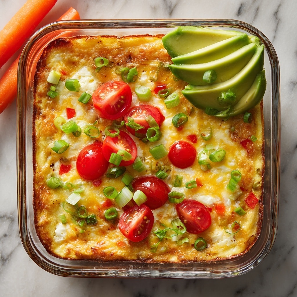 The image shows a close-up of a glass baking dish filled with a layered cheesy dip. The bottom layer is a thick, creamy, light beige cheese mixture. On top, there is a melted layer of yellow and white shredded cheese spread evenly. The surface is decorated with sliced green onions and small pieces of red tomato scattered on the cheese layer. A woman's hand is holding a blue tortilla chip scooping some of the dip from the corner of the dish. The dish is set on a white marbled surface. photo taken with an iphone --ar 4:5 --v 7