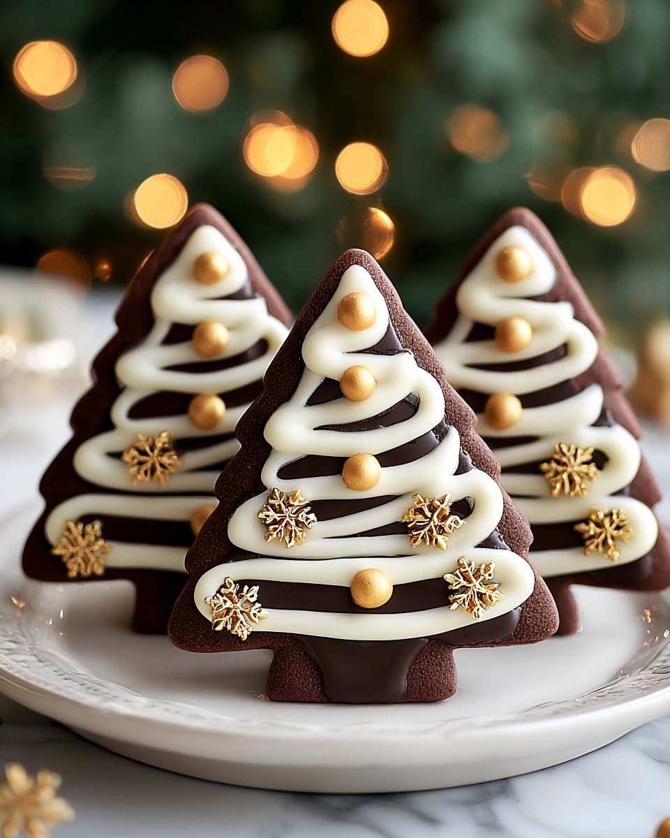 The image shows a close-up of a single Christmas tree-shaped cookie in the front, with three more cookies blurred in the background. Each tree cookie has a dark brown base layer and is decorated with smooth dark chocolate icing covering most of the surface. Over the dark icing are thick white icing lines in a wavy pattern that follow the shape of the tree in five sections. Scattered on top are small shiny gold balls and glittery gold snowflake shapes placed in different rows. All cookies sit on a white plate with delicate edges, set on a white marbled surface with soft warm blurred lights in the background. photo taken with an iphone --ar 4:5 --v 7