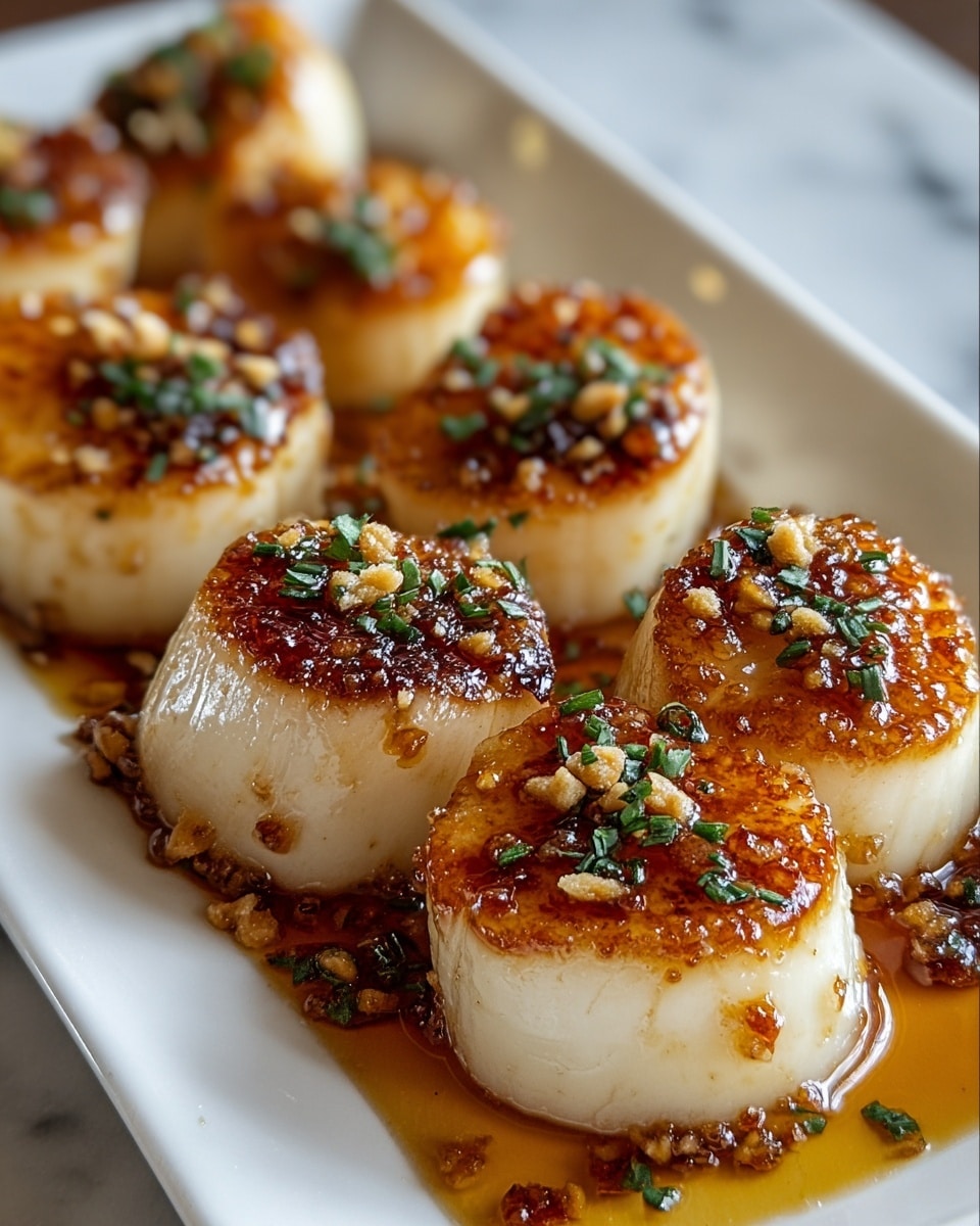 The image shows a close-up of small, round white blocks of cheese, each topped with a thick, shiny dark brown sauce and scattered pine nuts. The cheese pieces have a slightly browned, crispy edge with a sprinkle of finely chopped green herbs on top. The sauce pools slightly around the base of the cheese on a smooth white plate set on a white marbled surface. The background is blurred, focusing the attention on the front cheese pieces. photo taken with an iphone --ar 4:5 --v 7