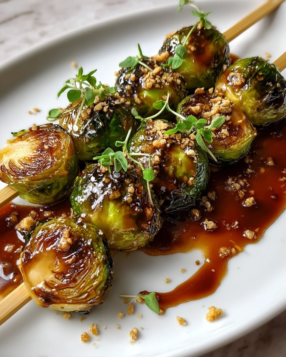 The image shows three wooden skewers placed diagonally on a white plate, each skewer holding five grilled Brussels sprouts. The Brussels sprouts are glazed with a shiny, dark brown sauce that pools slightly on the plate, creating a glossy effect. Each sprout has browned, caramelized edges with soft green and golden layers visible inside. Small pieces of crushed nuts are sprinkled over the Brussels sprouts, which are also garnished with small fresh green herb sprigs. The plate sits on a white marbled texture surface. photo taken with an iphone --ar 4:5 --v 7