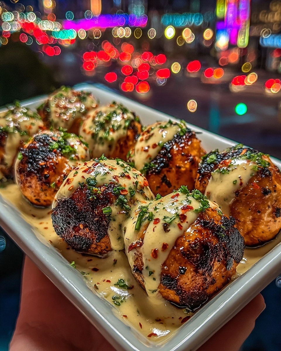 The image shows a square white dish with seven round grilled salmon balls, each with a charred, dark brown and orange outer surface. The balls are generously coated with a creamy, light beige sauce sprinkled with red chili flakes and chopped green herbs on top. The dish is held by a woman's hand against a blurred background of colorful city lights. Photo taken with an iphone --ar 4:5 --v 7