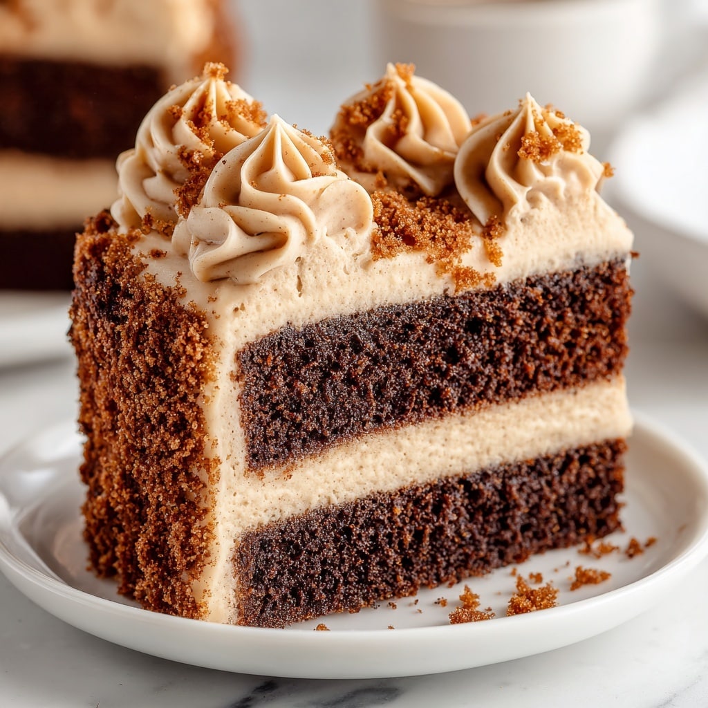 The image shows a close-up slice of gingerbread cake with two thick layers of moist, dark brown cake separated by a smooth, light brown cinnamon molasses frosting. The top of the slice is covered with a thick layer of the same creamy frosting, decorated with piped swirls and small crumbs sprinkled on top. The cake looks soft with a slightly crumbly texture. The slice sits on a white plate on a white marbled surface. Photo taken with an iphone --ar 4:5 --v 7