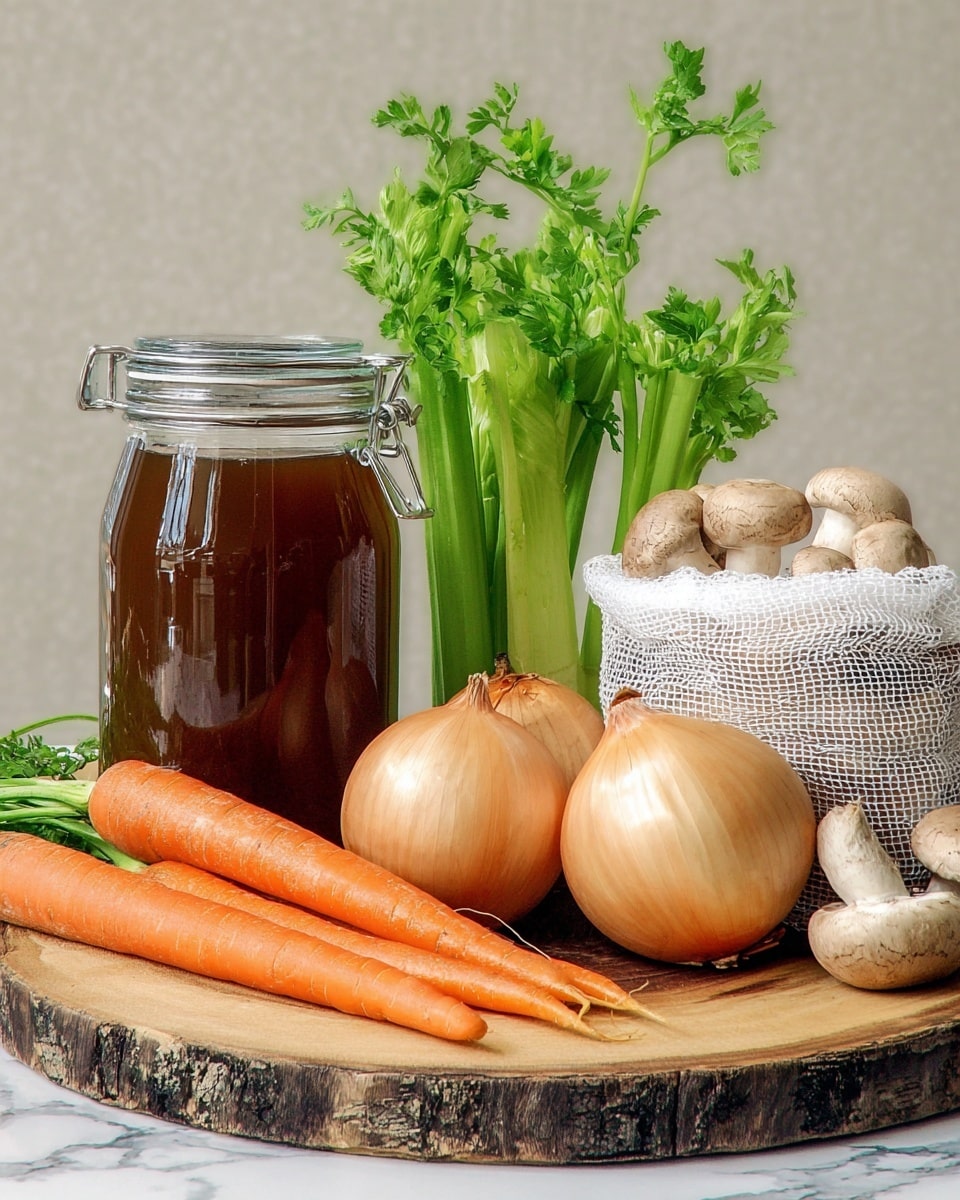 The image shows a wooden cutting board with fresh vegetables and a jar of brown liquid on top, all placed on a white marbled surface. There are five bright orange carrots with fresh green leafy tops standing on the left side, next to three round yellow onions with dry outer skins in the middle. Behind the onions is a large glass jar filled halfway with dark brown liquid, sealed with a metal clasp. To the right of the jar, there is a reusable white mesh bag that is open to show several light brown mushrooms inside. In the background, several green celery stalks with leafy tops are standing upright. The whole setting is simple and natural, with fresh garden vegetables displayed clearly. photo taken with an iphone --ar 4:5 --v 7