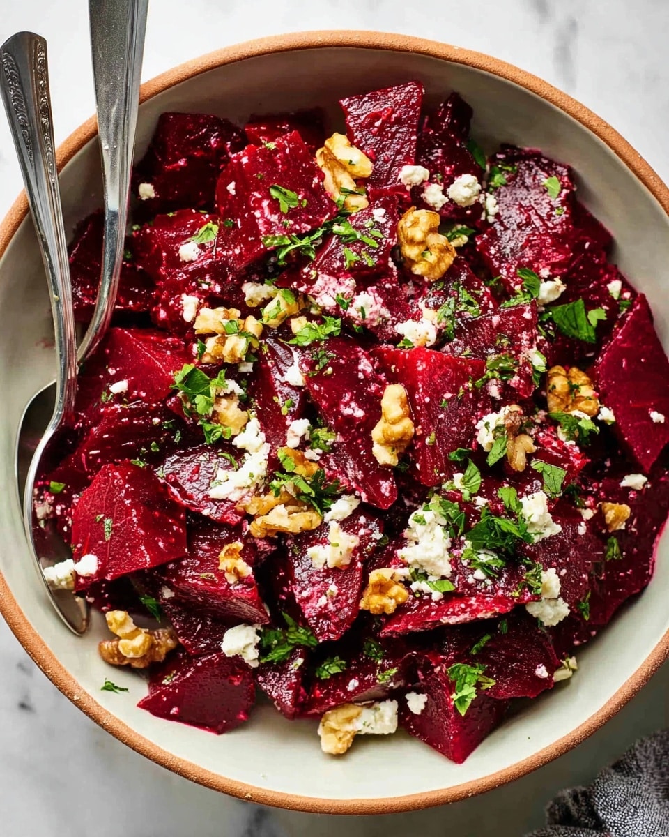 A white bowl filled with a vibrant beet salad showing about two layers of roughly cut deep red beet pieces with a glossy texture, sprinkled generously with small white crumbles of cheese and small light brown chopped walnut pieces, topped with scattered fresh green parsley leaves, two silver spoons placed inside on opposite sides, all set on a white marbled surface. photo taken with an iphone --ar 4:5 --v 7