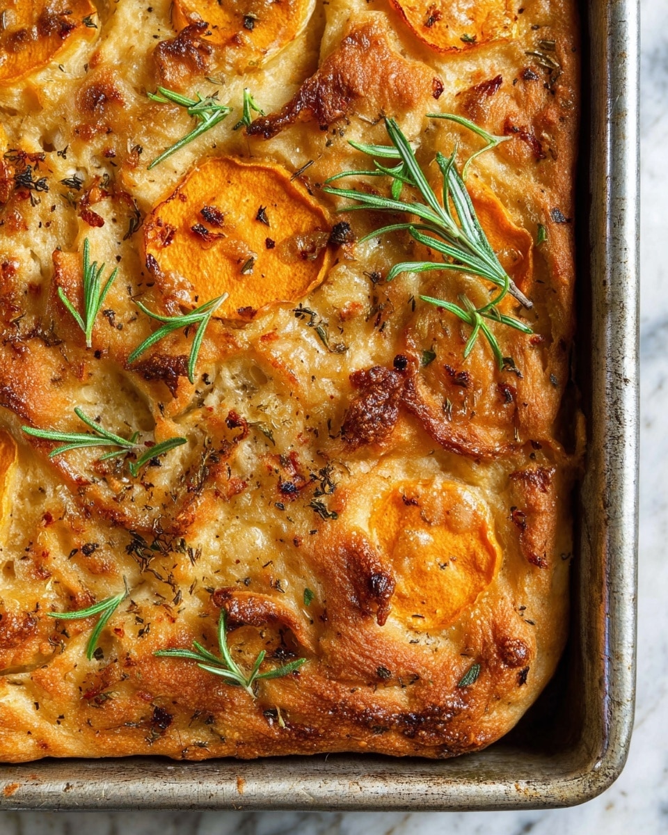 This close-up image shows a golden brown focaccia bread baked in a rectangular metal pan, with a crispy and slightly puffed texture. The top layer is uneven with baked cheese and spices creating a textured surface, sprinkled with black pepper and red paprika. Thin slices of orange sweet potato are embedded into the dough, adding vibrant color patches. Bright green rosemary sprigs are scattered on top, providing a fresh and natural contrast to the warm tones of the bread. The pan edge is silver and slightly worn, resting on a white marbled texture. photo taken with an iphone --ar 4:5 --v 7