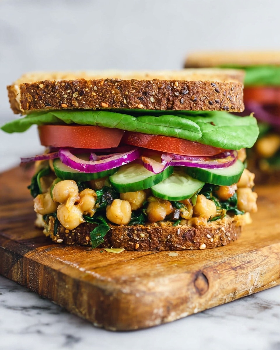 A close-up view of a sandwich held by a woman's hand with red nail polish, featuring two slices of toasted whole grain bread as the top and bottom layers, dark brown and crispy with a rough texture. Inside the sandwich, there are several layers: a base layer of scrambled eggs mixed with spinach and lentils, creamy and slightly lumpy with green and yellow tones; on top of that, fresh bright green leaf lettuce; above the lettuce, thin slices of red tomato; followed by slices of cucumber with green skin and white flesh, and thin rings of purple onion adding color contrast. The background is a white marbled texture. photo taken with an iphone --ar 4:5 --v 7