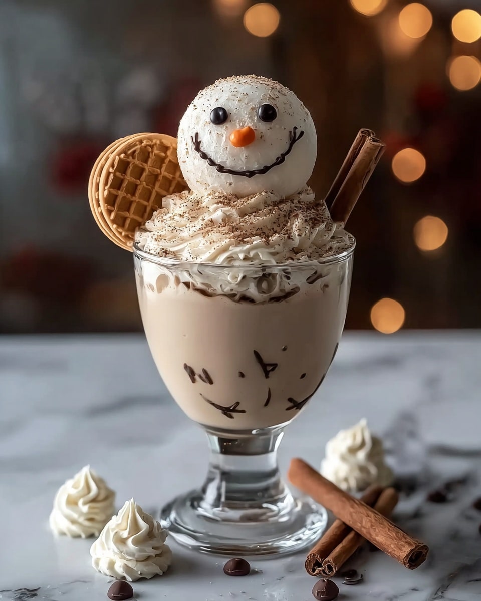 A clear stemmed glass filled with a creamy beige drink shaped like a snowman, with three small dark chocolate buttons vertically placed on the front of the drink. The glass’s rim is covered with large white sugar crystals. On top, there is a tall swirl of white whipped cream sprinkled with small brown nut pieces. Two cinnamon sticks are placed on opposite sides, poking out from the whipped cream. There is a small triangular dark chocolate piece in the middle of the whipped cream. The white marbled surface below is scattered with crushed sugar and some small round white marshmallows. In the blurred background, warm yellow lights create a cozy feeling. Photo taken with an iphone --ar 4:5 --v 7