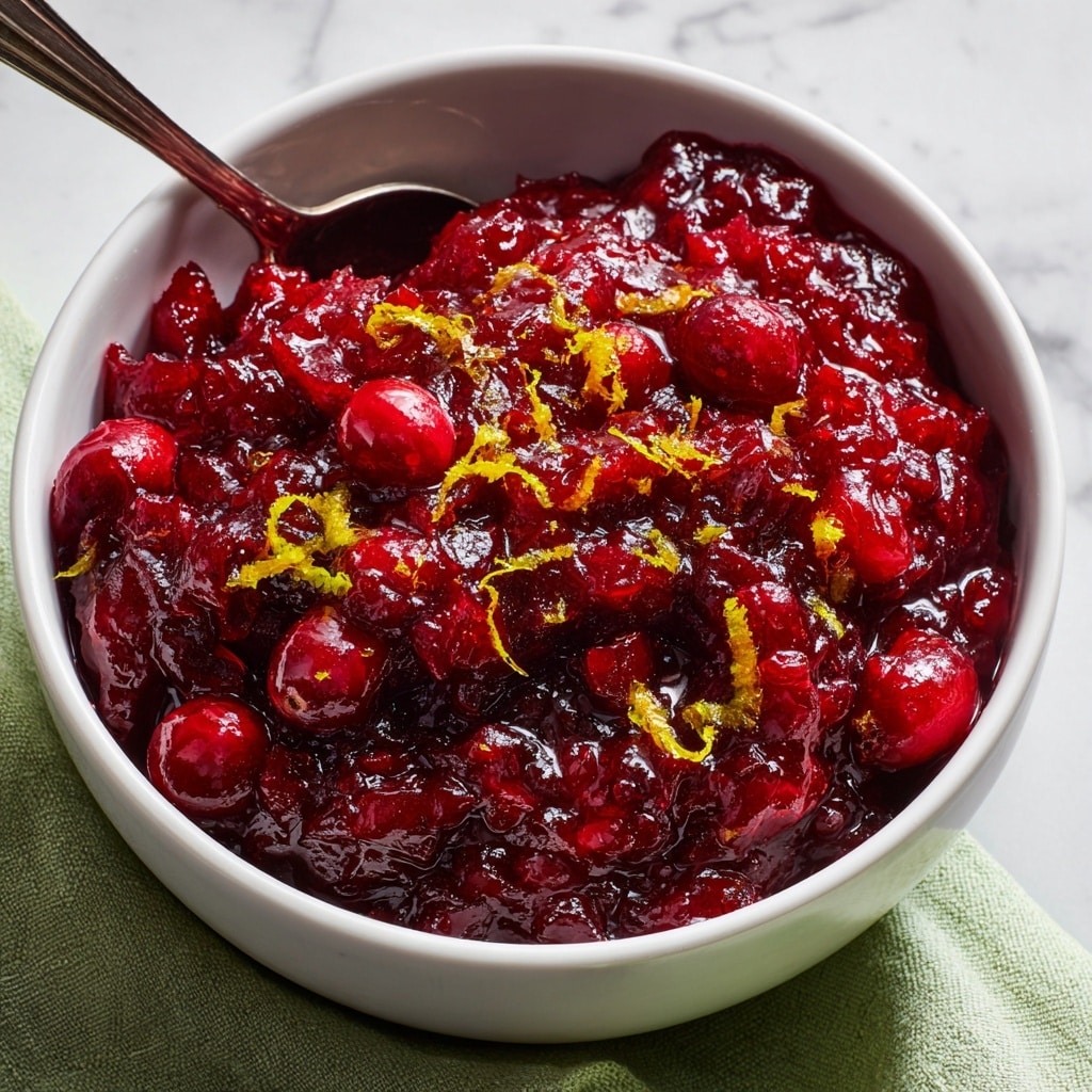 A white bowl filled with a thick, chunky cranberry sauce, showing whole cranberries and bits of crushed fruit in a shiny, deep red color. The top has small orange zest pieces scattered, adding a bright color contrast. A silver spoon is inside the bowl on the left side, resting against the edge. The bowl is placed on a white marbled surface. Photo taken with an iphone --ar 4:5 --v 7