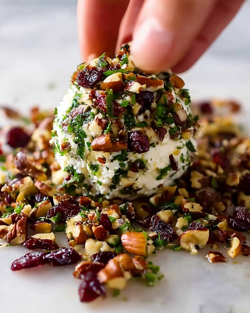 The image shows three round cheese balls covered with a mix of chopped nuts, dried cranberries, and green herbs, placed on a white parchment paper over a wooden surface. Each ball has a textured outside made of a creamy white cheese base fully coated with the colorful mixture of brown nuts, deep red cranberries, and bright green herbs. The background is softly blurred with dark and green tones, giving focus to the cheese balls. photo taken with an iphone --ar 4:5 --v 7