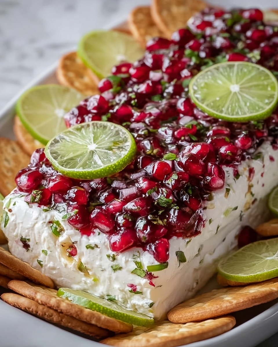 The image shows a rectangular block of creamy white cheese as the base layer, topped with a thick, shiny layer of bright red pomegranate seeds mixed with small bits of green herbs and purple-red diced onions. On top of this are three slices of fresh lime arranged neatly. The white plate holding the cheese has a row of golden brown crackers lined up along one side. The background surface is a white marbled texture. photo taken with an iphone --ar 4:5 --v 7