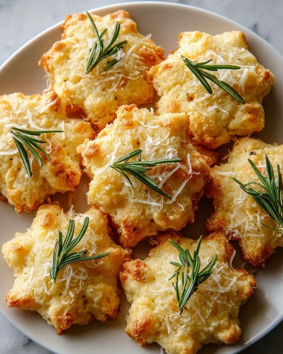 A white round plate holds eight star-shaped baked cookies with a golden brown, crispy crust and a light yellow inside. Each cookie is topped with fine white grated cheese giving a slightly rough texture, and a small fresh green rosemary sprig placed in the center of each. The cookies are close together, filling the plate which rests on a white marbled surface. photo taken with an iphone --ar 4:5 --v 7