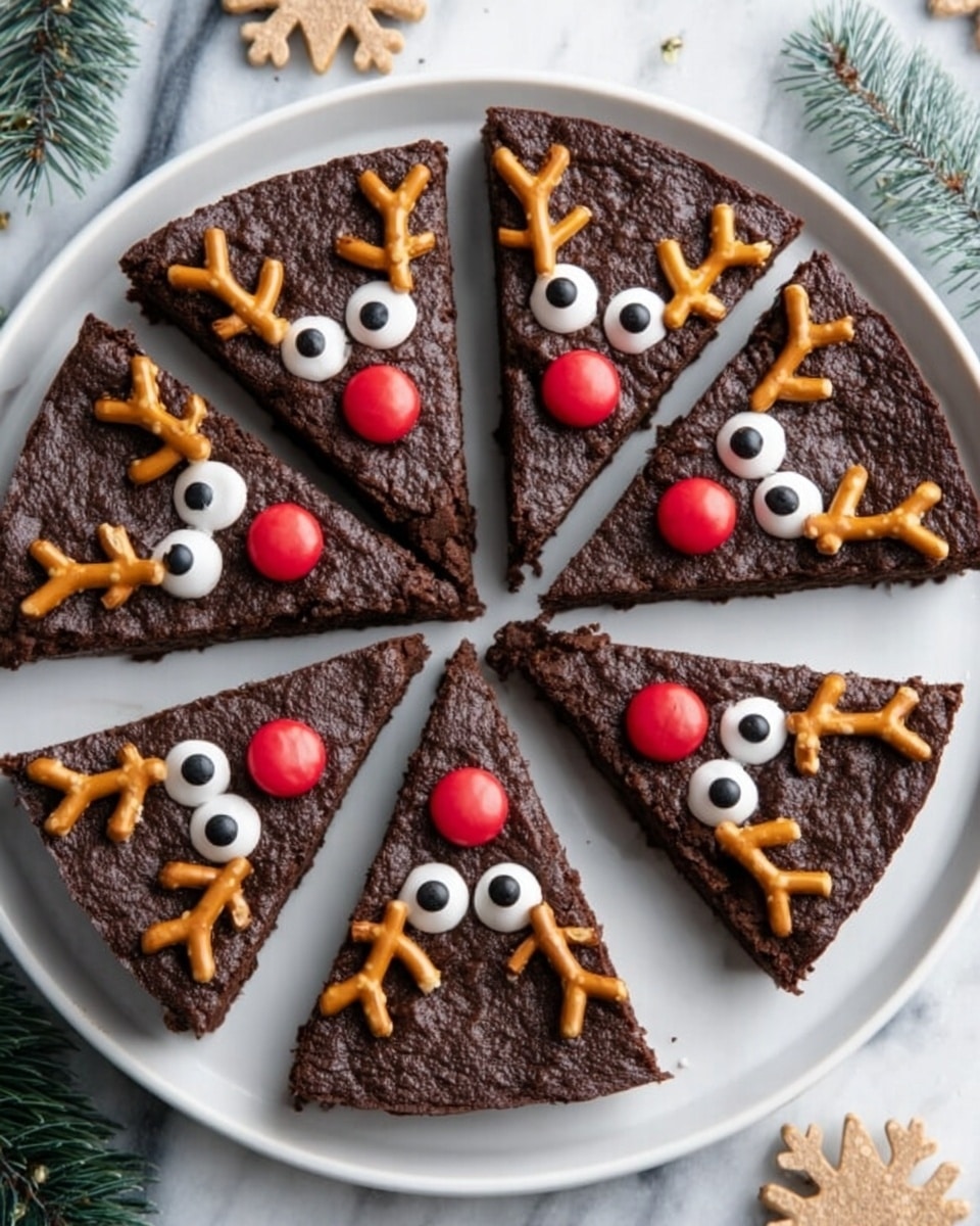 A white round plate holds seven triangular dark brown brownie slices arranged in a circle with points facing the middle. Each brownie has two small white candy eyes near the pointed end and a single red candy nose below them. At the wider end of each slice, there are two small brown pretzels placed side by side to look like reindeer antlers. A woman's hand is lifting one brownie slice from the plate. In the top right corner, a clear glass bowl filled with green candy-coated chocolates is visible. The whole scene is set on a white marbled surface, decorated with two large white felt snowflakes and a small red Christmas ornament. Photo taken with an iphone --ar 4:5 --v 7