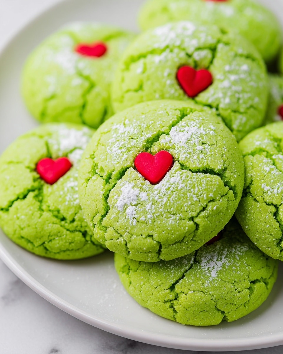 A stack of four bright green cracked cookies is placed on a white marbled surface, with each cookie showing a rough, cracked texture and white powdered sugar accents. Each cookie is topped in the center with a small red heart-shaped decoration. Around the stack, there are scattered green and red glittery balls, red heart sprinkles, and additional cookies lying flat. In the background, a white bowl filled with more red heart-shaped sprinkles is visible. The scene is bright and festive, with a clean and fresh look. photo taken with an iphone --ar 4:5 --v 7