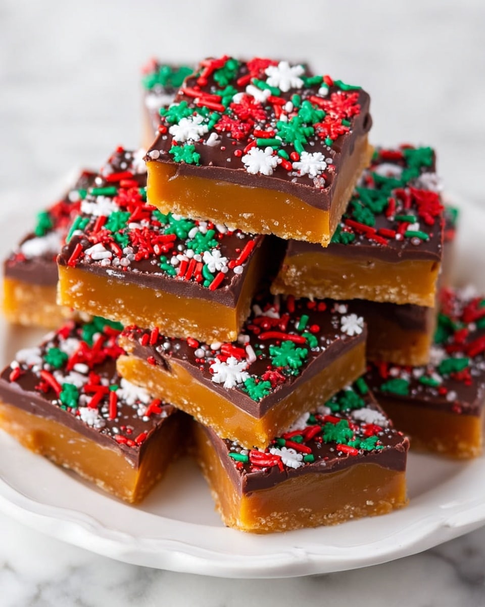 This image shows a stack of square holiday fudge pieces on a white plate with a raised floral pattern. Each piece has two layers: a thick, dense, light brown bottom layer with a smooth texture, and a thinner, glossy dark chocolate top layer. The top is decorated with bright red, green, and white sprinkles, including small snowflake shapes, adding a festive look. The fudge pieces are neatly cut into equal squares and stacked unevenly, with some overlapping. The background is a white marbled texture. photo taken with an iphone --ar 4:5 --v 7