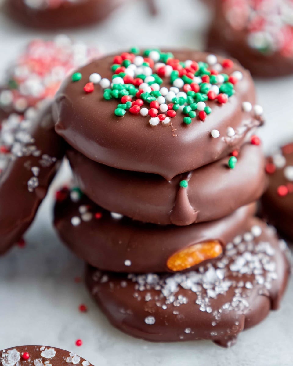 The image shows a close-up of three stacked round chocolate-covered treats resting on a white marbled surface, each covered in smooth milk chocolate. The top layer has colorful Christmas-themed sprinkles in red, green, and white, while the middle one has small round red and green sprinkles with a few larger multicolored candy dots. The bottom visible layer is coated with chocolate and topped with coarse sea salt crystals, adding texture. The chocolate coating has a slight glossy finish with small drips on the edges. More similar treats are blurred in the background on the white marbled surface. photo taken with an iphone --ar 4:5 --v 7