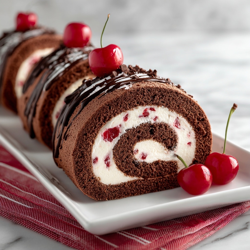 This image shows a chocolate cake roll sliced to reveal its layers, presented on a long white plate set on a white marbled textured surface with a red striped cloth underneath. The cake has a thick outer layer of soft chocolate sponge with a rich brown color and a smooth texture. Inside, there is a spiral of white cream filling mixed with small red cherry pieces that add bright splashes of color. The top of the cake is drizzled with shiny dark chocolate sauce in irregular thin lines. Two whole bright red cherries with shiny skins and stems are placed beside the sliced cake for decoration. Photo taken with an iphone --ar 4:5 --v 7