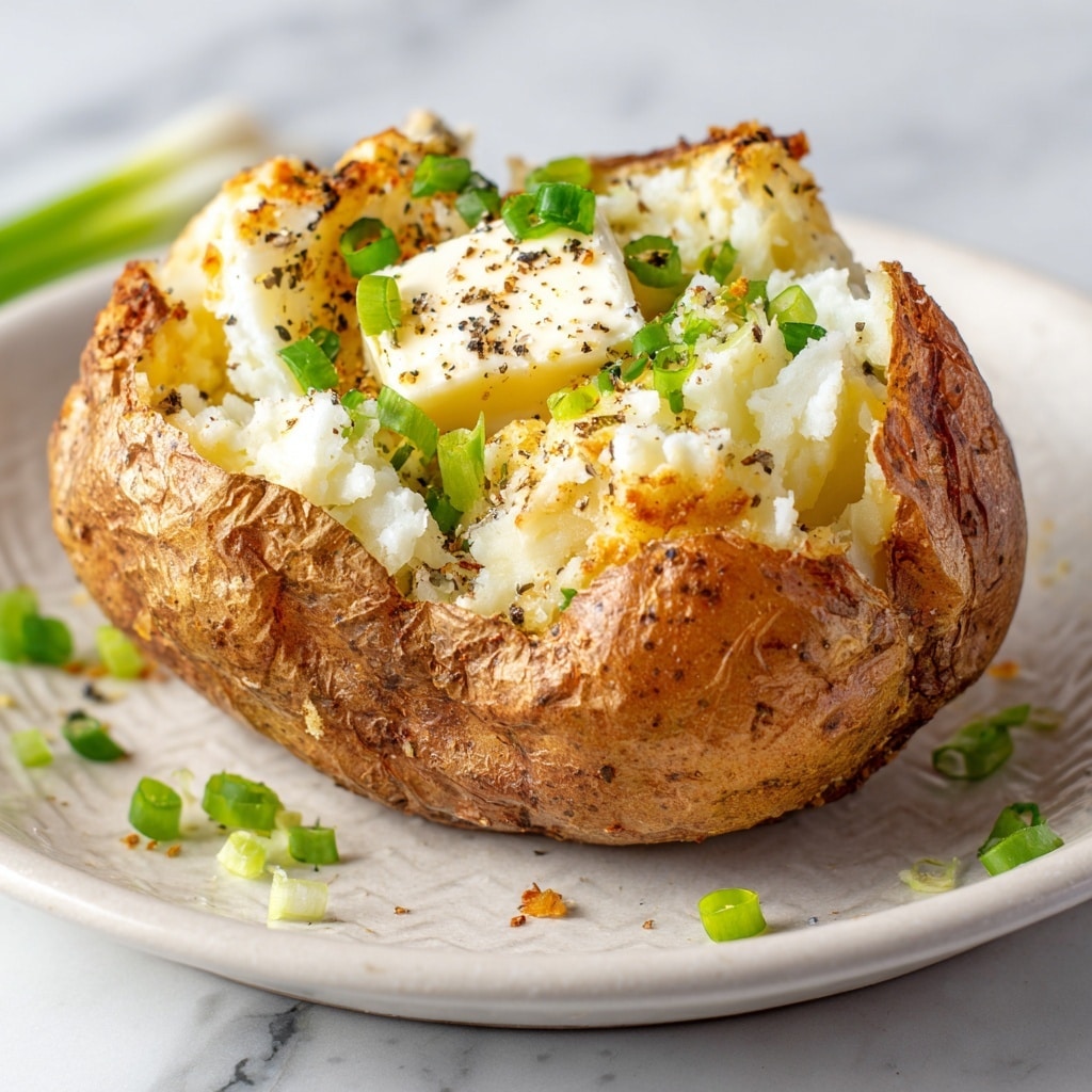 A baked potato with its skin slightly cracked open revealing fluffy white potato inside, topped with a melting pat of butter and scattered with chopped green onions. The potato skin is light brown with small black specks of pepper, and the texture of the potato inside looks soft and crumbly. The dish is served on a white plate with a subtle raised cross pattern, placed on a white marbled surface with a few green onion pieces around it. photo taken with an iphone --ar 4:5 --v 7
