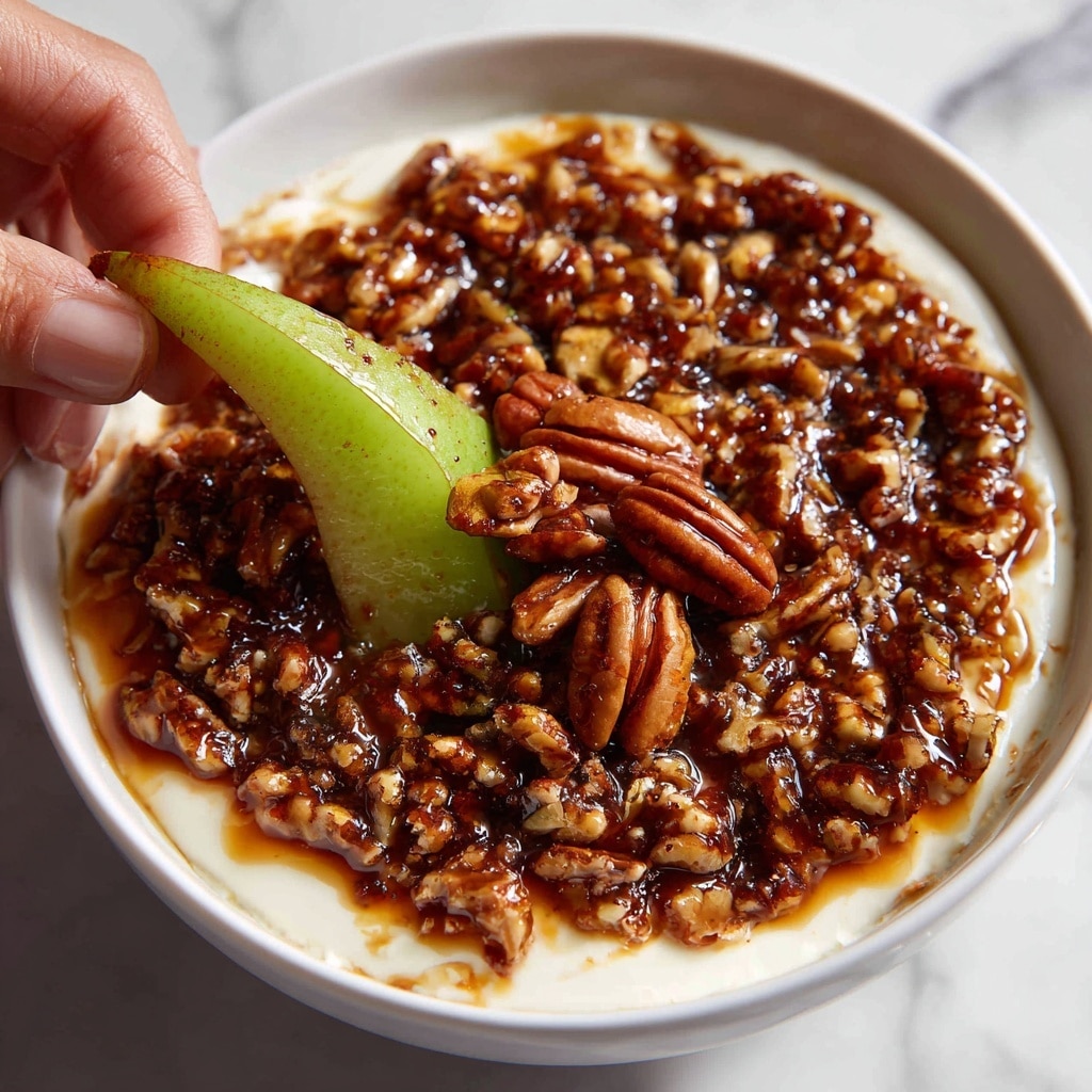 A close-up image shows a white bowl filled with a creamy white layer at the bottom, topped with a thick, glossy layer of a brown pecan mixture that contains chopped pecans and syrup. A woman's hand is holding a curved slice of green-skinned pear dipped in the pecan topping, positioned near the center of the image. Some whole pecans are visible on top of the pecan layer, and the creamy layer peeks out at the edges. The scene has a white marbled texture underneath. photo taken with an iphone --ar 4:5 --v 7