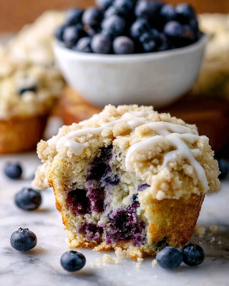 A close-up of a muffin with a crumbly light brown topping that looks crunchy and scattered unevenly on top. The muffin has a light drizzle of white icing that glistens and follows the shape of the crumble, sitting loosely on the top surface. Around the muffin, there are whole fresh blueberries showing deep blue and smooth texture, some resting on the white marbled surface and some in a white bowl at the side. The background has a slightly blurred yellow banana and a second muffin with visible crumbly topping. The colors are warm and natural, highlighting the textures and freshness of the muffin and blueberries. Photo taken with an iphone --ar 4:5 --v 7
