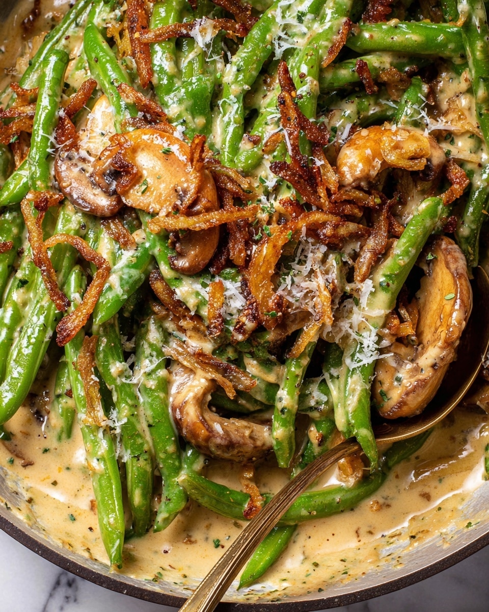 A black pan filled with a creamy dish of green beans and sliced mushrooms, covered with a layer of crispy, thin, dark brown fried onions scattered unevenly on top. The creamy sauce is pale beige with visible small mustard seeds and flecks of seasoning coating the green beans and mushrooms. A golden spoon rests inside the pan, partly covered in sauce, showing the texture of the creamy mixture. Part of a small white bowl with more fried onions sits near the pan on a white marbled surface, and a woman's hand holds the pan handle. photo taken with an iphone --ar 4:5 --v 7
