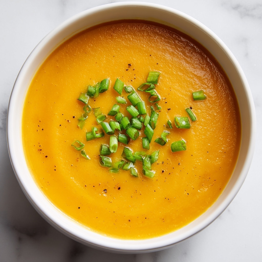 A close-up image shows a white bowl filled with smooth, thick butternut squash soup that is a warm orange color. The soup has a slightly creamy texture with a few small lumps visible on the surface. On top, there are small pieces of bright green chopped scallions scattered in the center. The bowl sits on a white marbled surface, highlighting the vibrant colors of the soup and garnish. Photo taken with an iphone --ar 4:5 --v 7