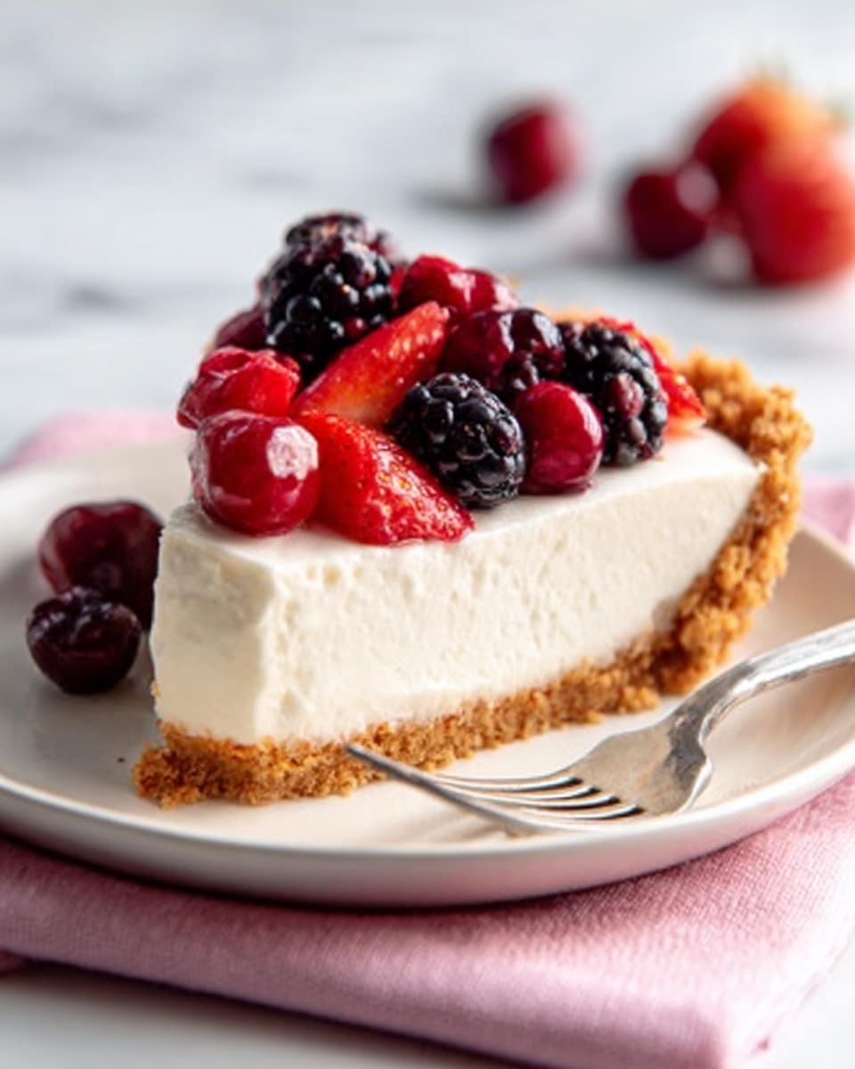 A slice of pie on a white plate shows three clear layers. The bottom layer is a light brown crust with a crumbly texture. Above it is a thick, smooth white layer, creamy in look, filling most of the slice. On top, a mix of fresh berries including red strawberries, blackberries, and red cherries adds bright, shiny colors and a slightly wet texture. A woman's hand with a fork is near the plate, ready to eat. The background is a soft white marbled surface with a pink cloth beneath the plate, creating a light and fresh atmosphere. Photo taken with an iphone --ar 4:5 --v 7